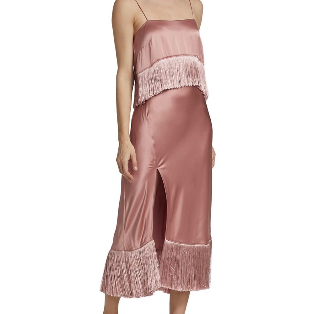 NWT! Cinq à Sept Eastwood Fringed Silk Midi Dress in  Bare Rose $595 Size 4